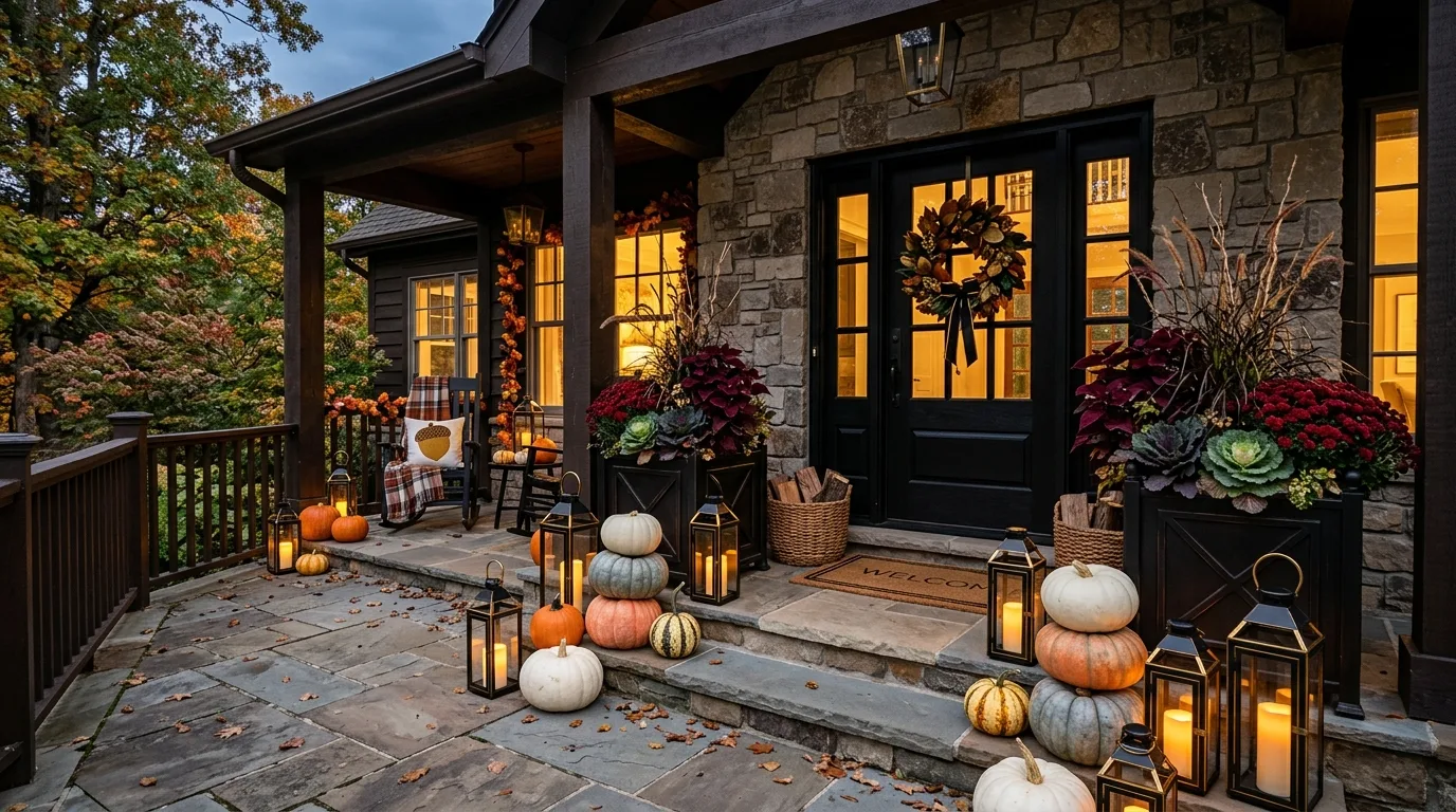 A refined fall porch in sage terracotta and cream tones in daylight, no people