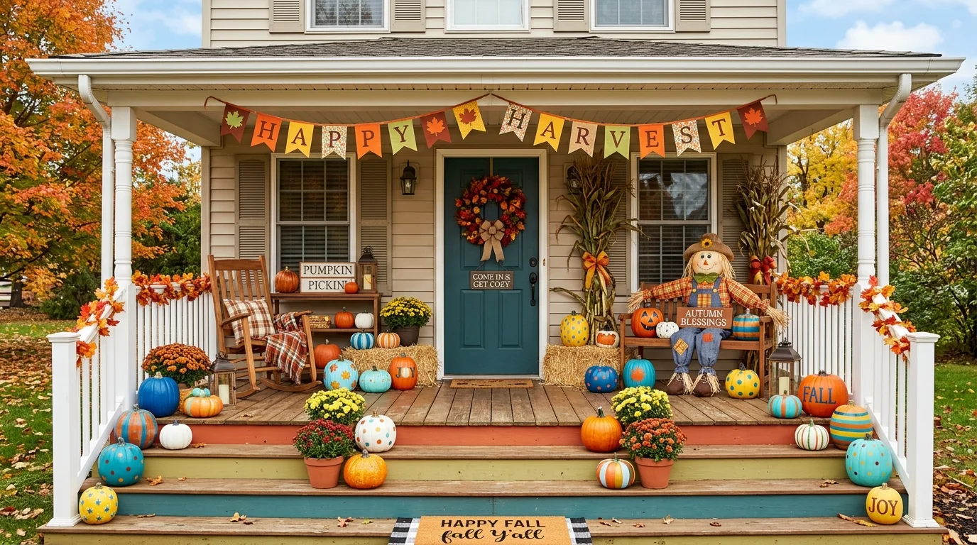 A harvest style fall porch with hay bales mums and pumpkins, no people