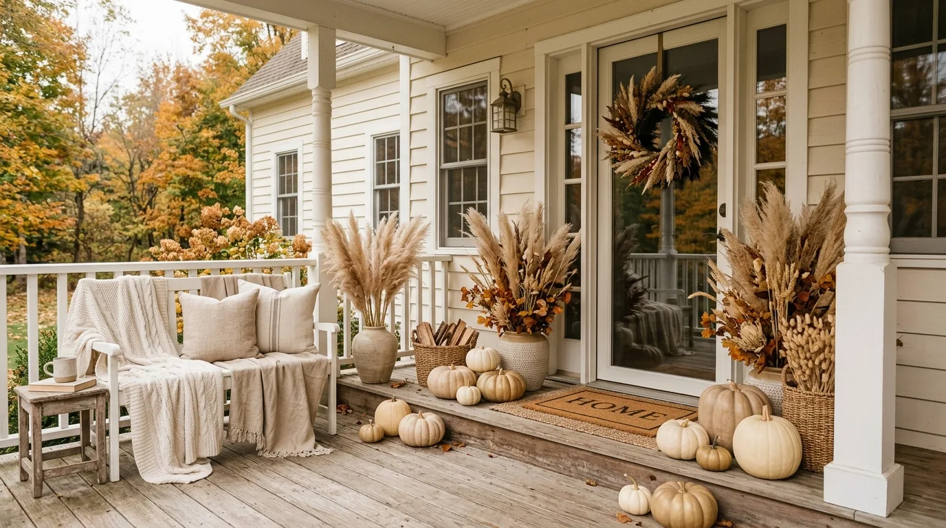 A symmetrical fall porch layout with balanced seasonal decor at the entry, no people