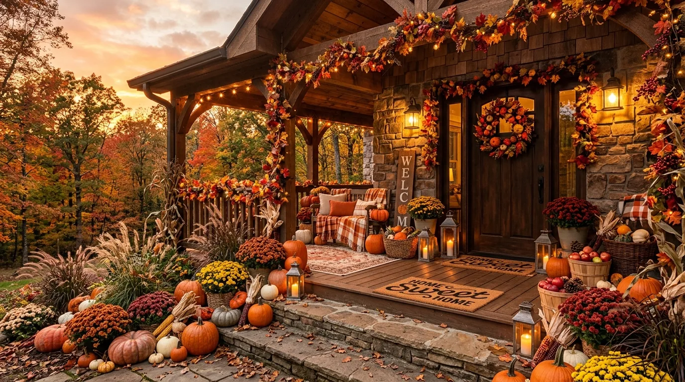 A welcoming fall porch mixing fresh flowers with pumpkins in daylight, no people