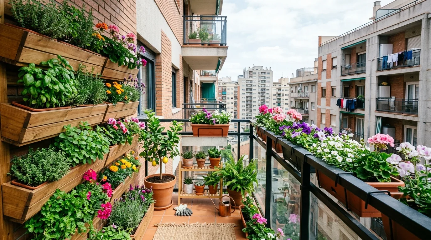 A slim side yard garden with vertical herbs and flowers in daylight, no people