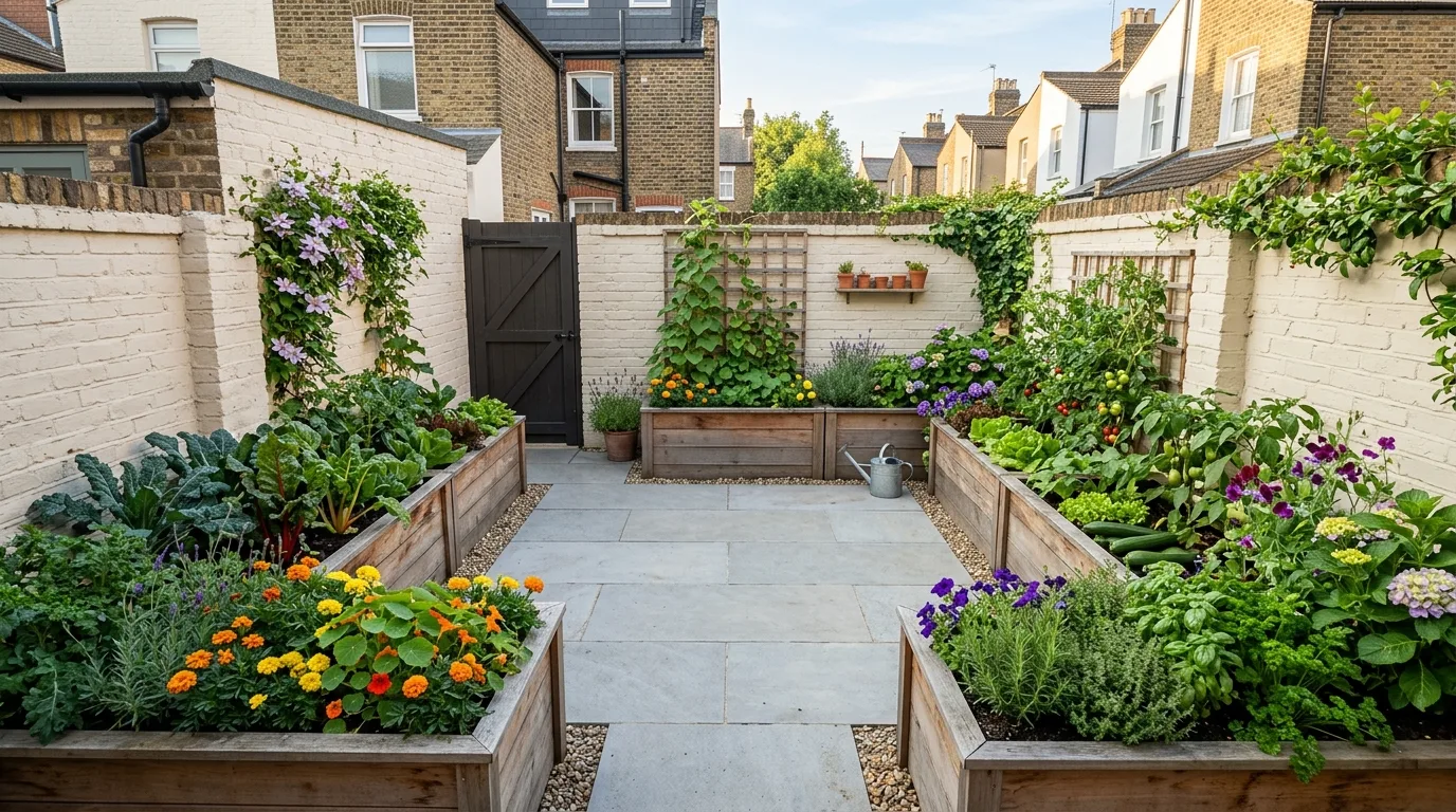 A tiny backyard with raised planter boxes in bright natural light, no people