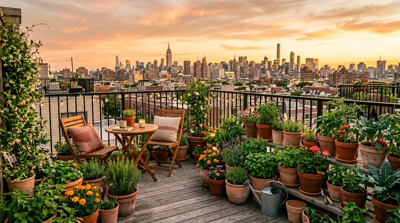 A balcony garden layered with pots at varied heights in sunlight, no people
