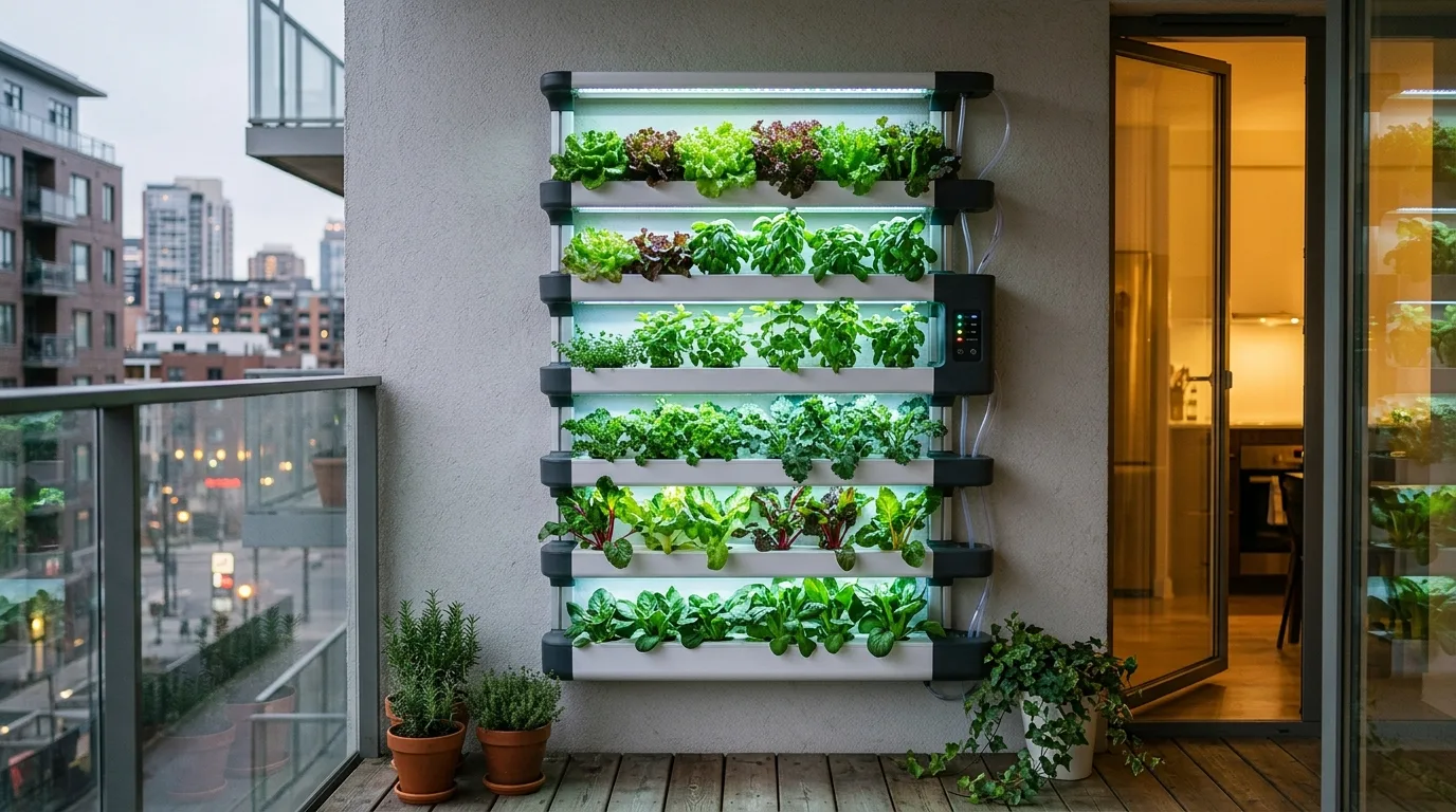 A small home exterior with wall mounted planters creating green space, no people