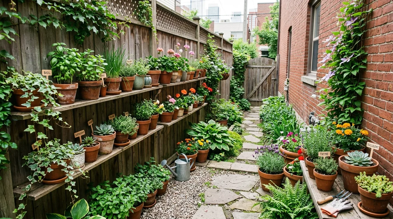 A compact courtyard garden mixing edible and ornamental planting in daylight, no people