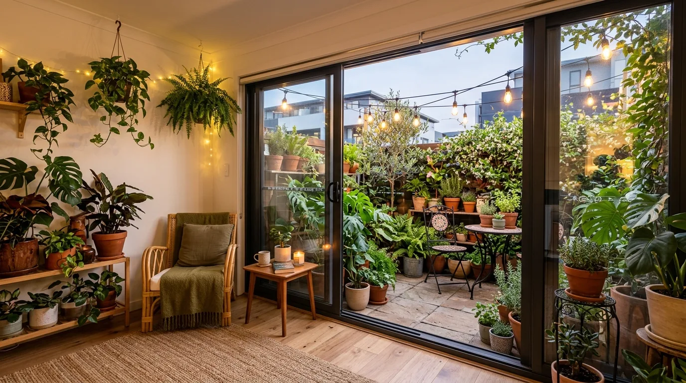 A windowsill garden with herbs and flowers at a small home in daylight, no people