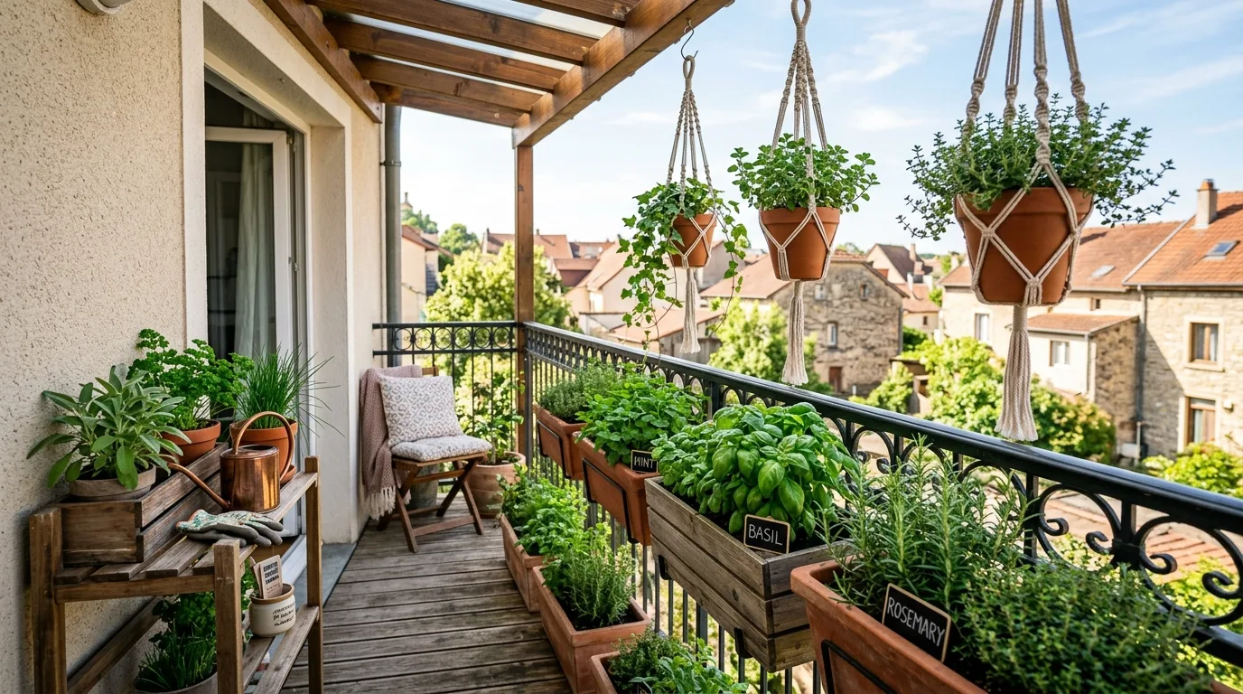 A tiny patio border defining a seating nook with planting in daylight, no people