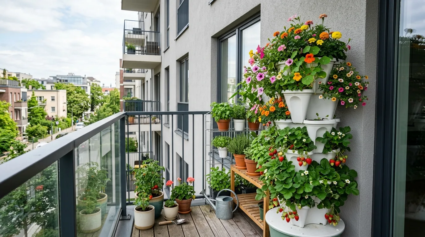 A miniature urban garden with stacked shelving planters in bright light, no people