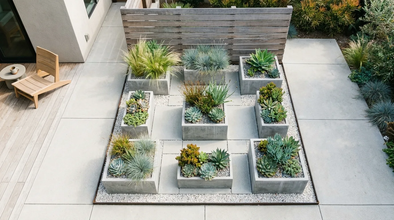 A small home front stoop garden with potted seasonal flowers, no people