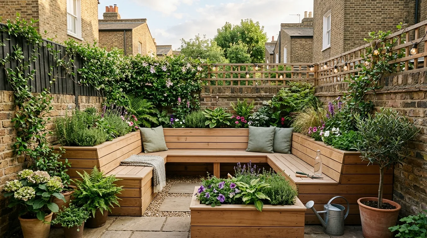 A small home garden with a tucked in mini bench surrounded by plants, no people