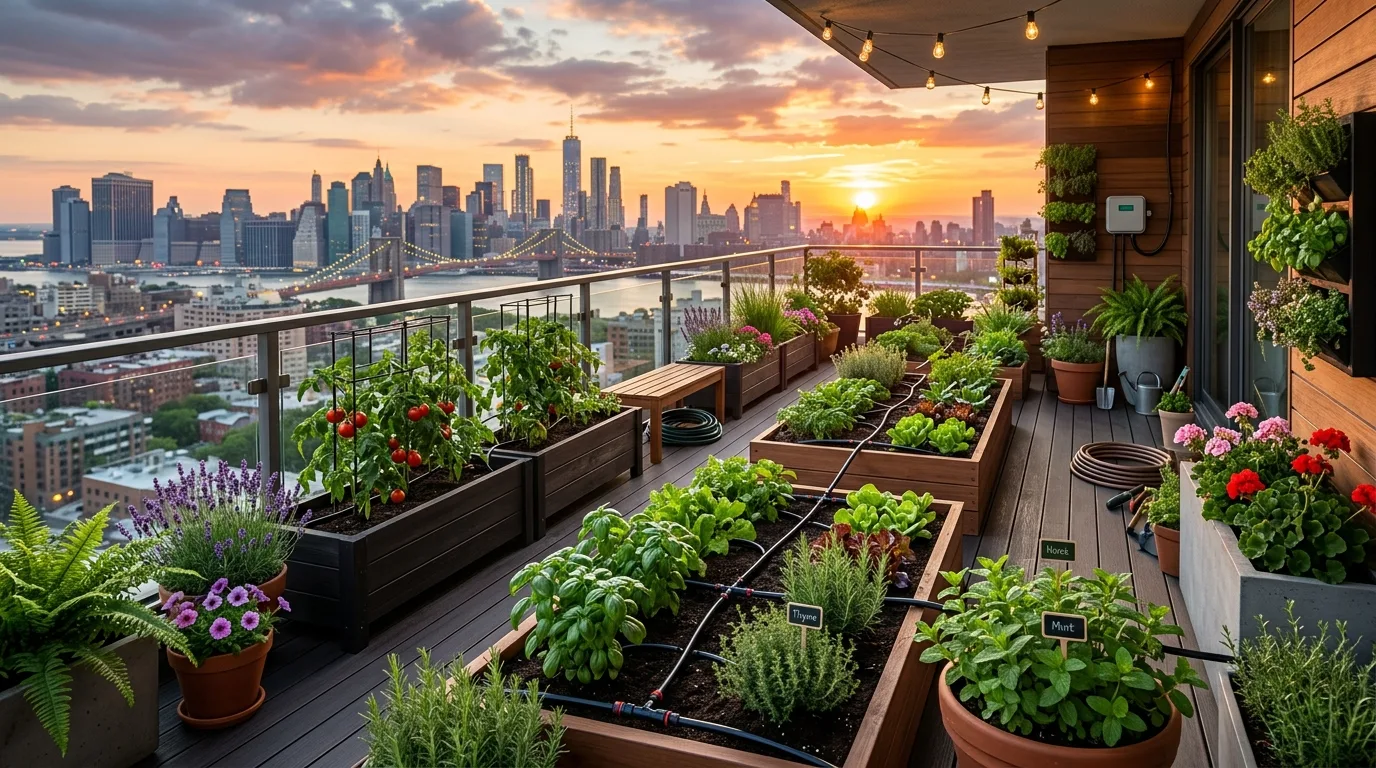 A compact home garden designed for seasonal rotation with varied planting, no people