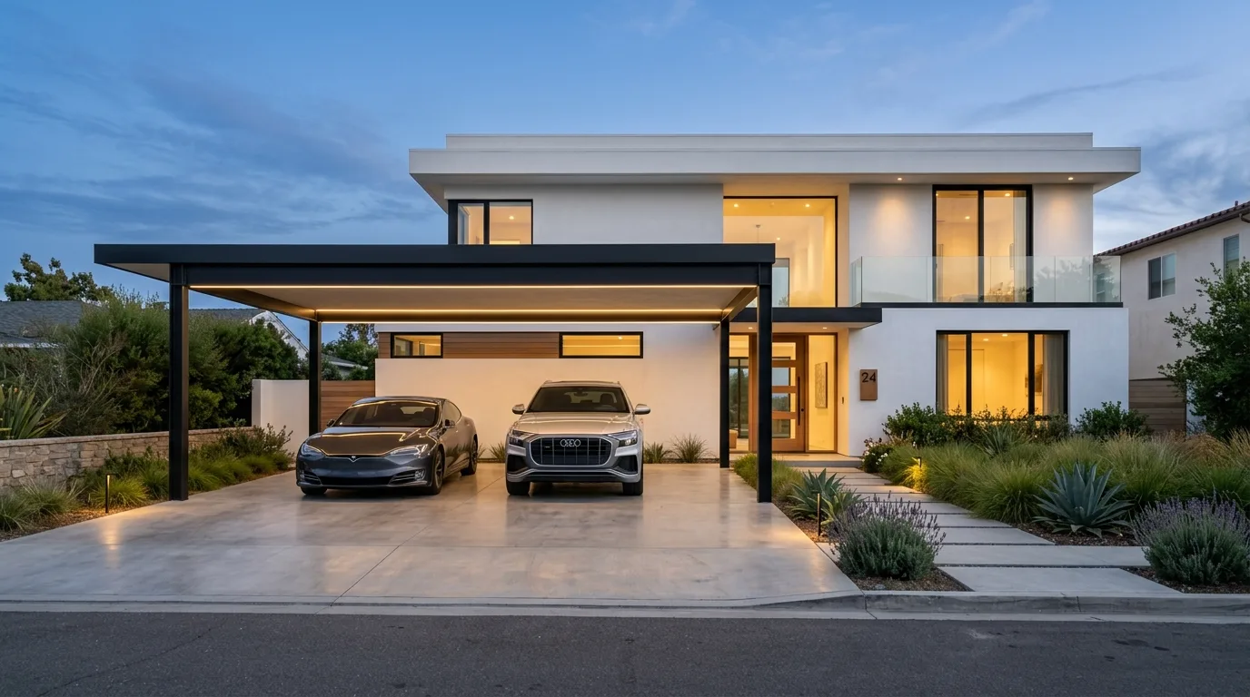 A modern front carport with a flat roof and clean horizontal lines, no people