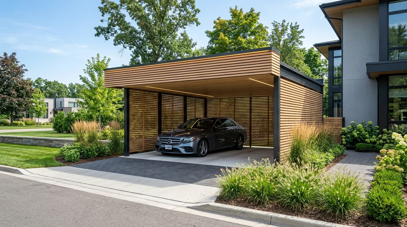 A stylish front carport with warm wood slats and a modern frame, no people