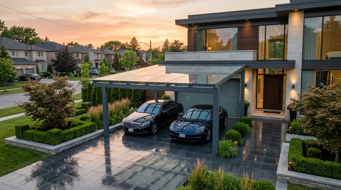 A minimalist white front carport blending with a bright modern facade, no people