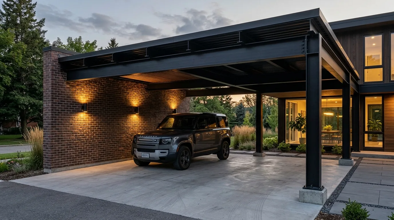A black steel front carport adding graphic contrast to a home exterior, no people