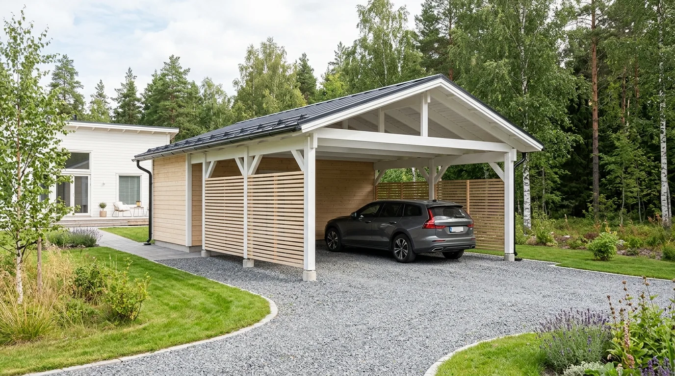 A front carport softened by planting around the support posts in daylight, no people