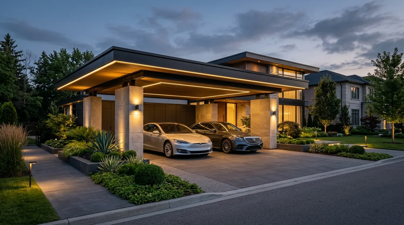 A pergola style front carport with filtered light and shadow on the driveway, no people