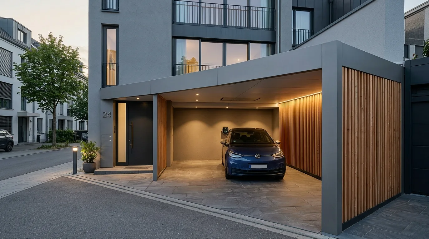 A cohesive front entry with a carport and walkway designed together, no people