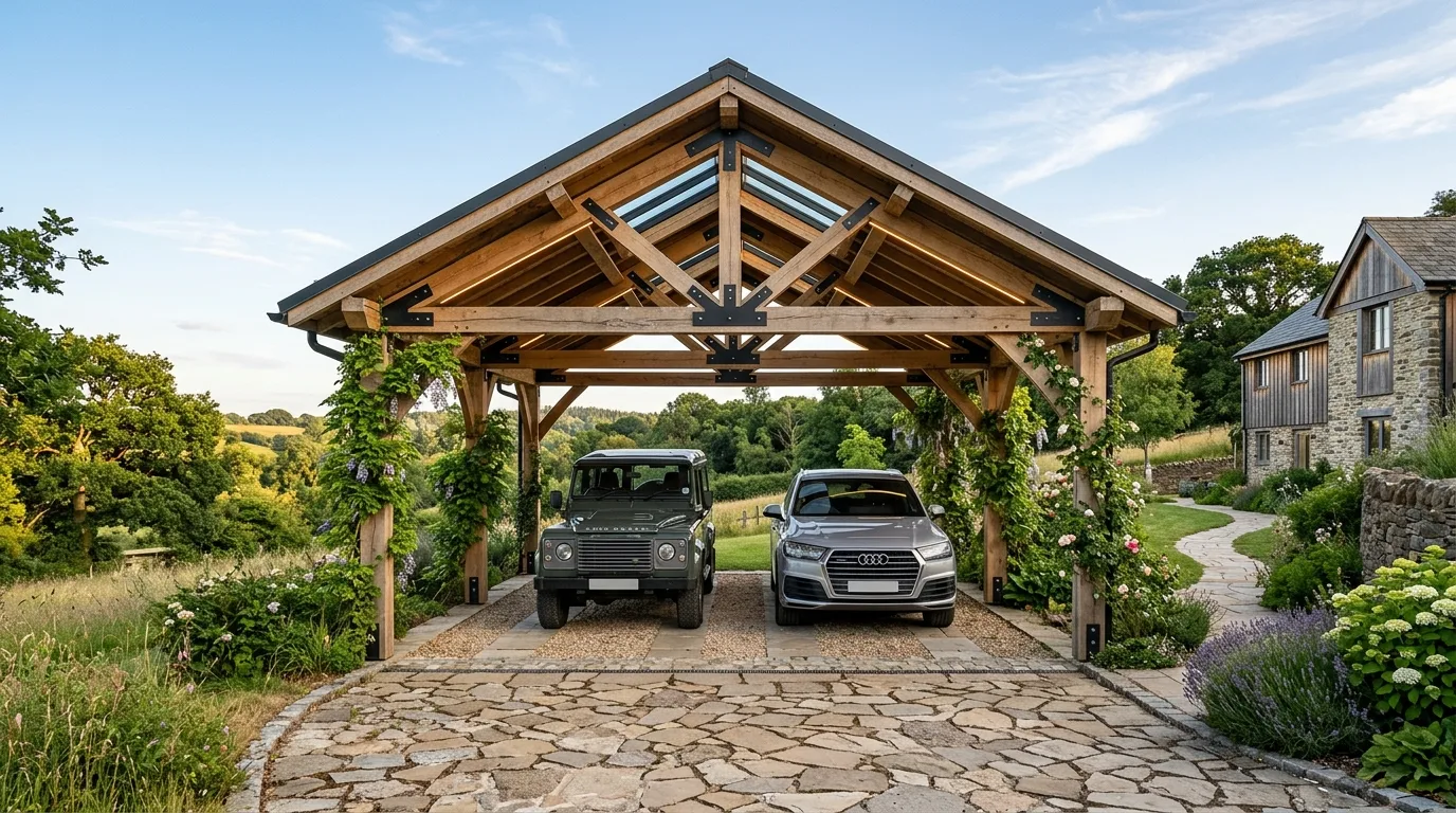 A front carport whose roof geometry echoes a modern home's design, no people
