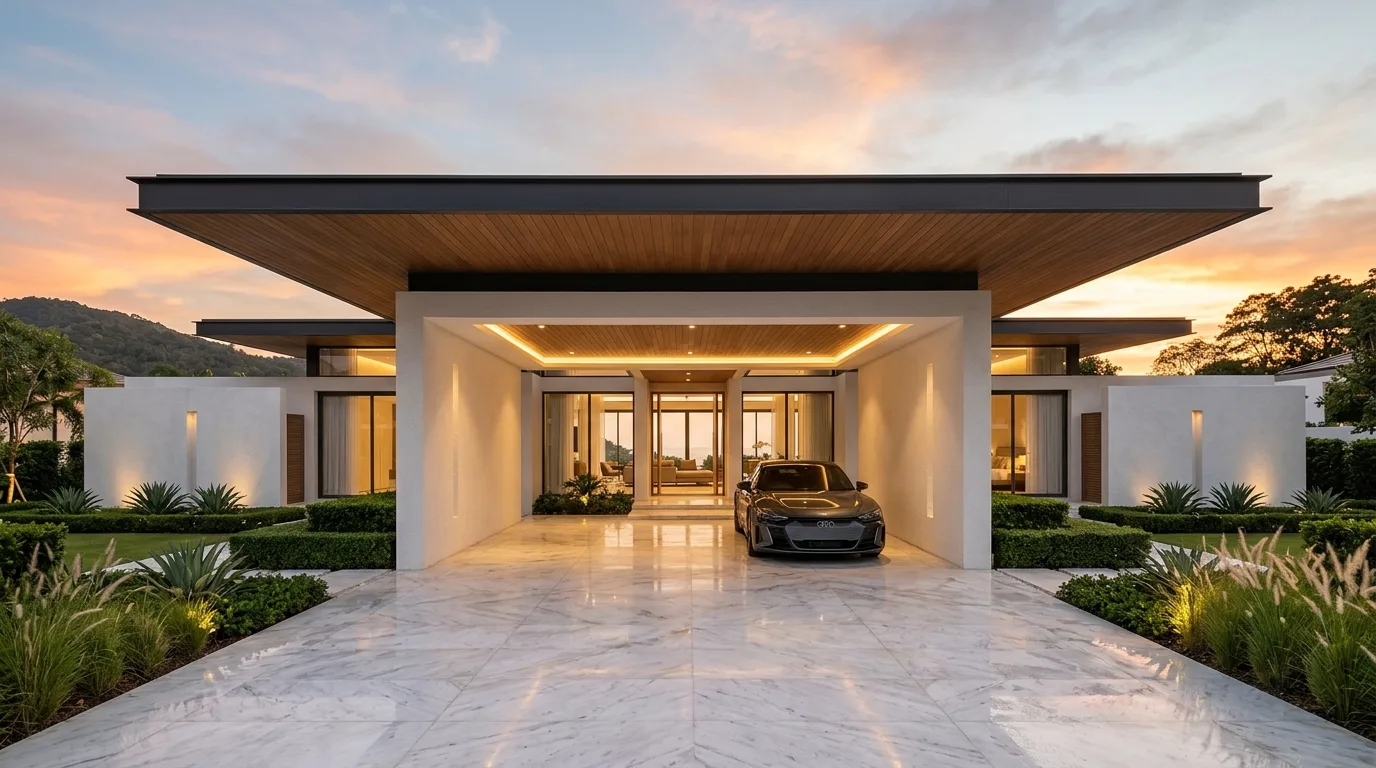 A stylish front carport with stone and timber details in daylight, no people