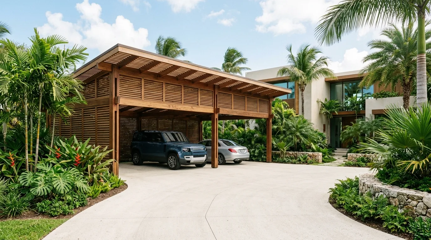 A visually light double car front carport with slim supports in daylight, no people
