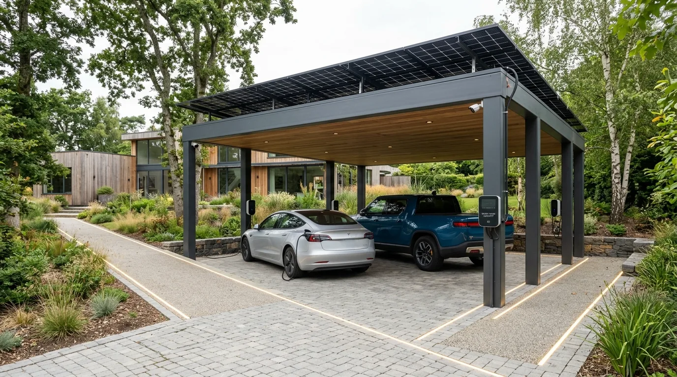 A front carport with warm evening lighting enhancing curb appeal, no people