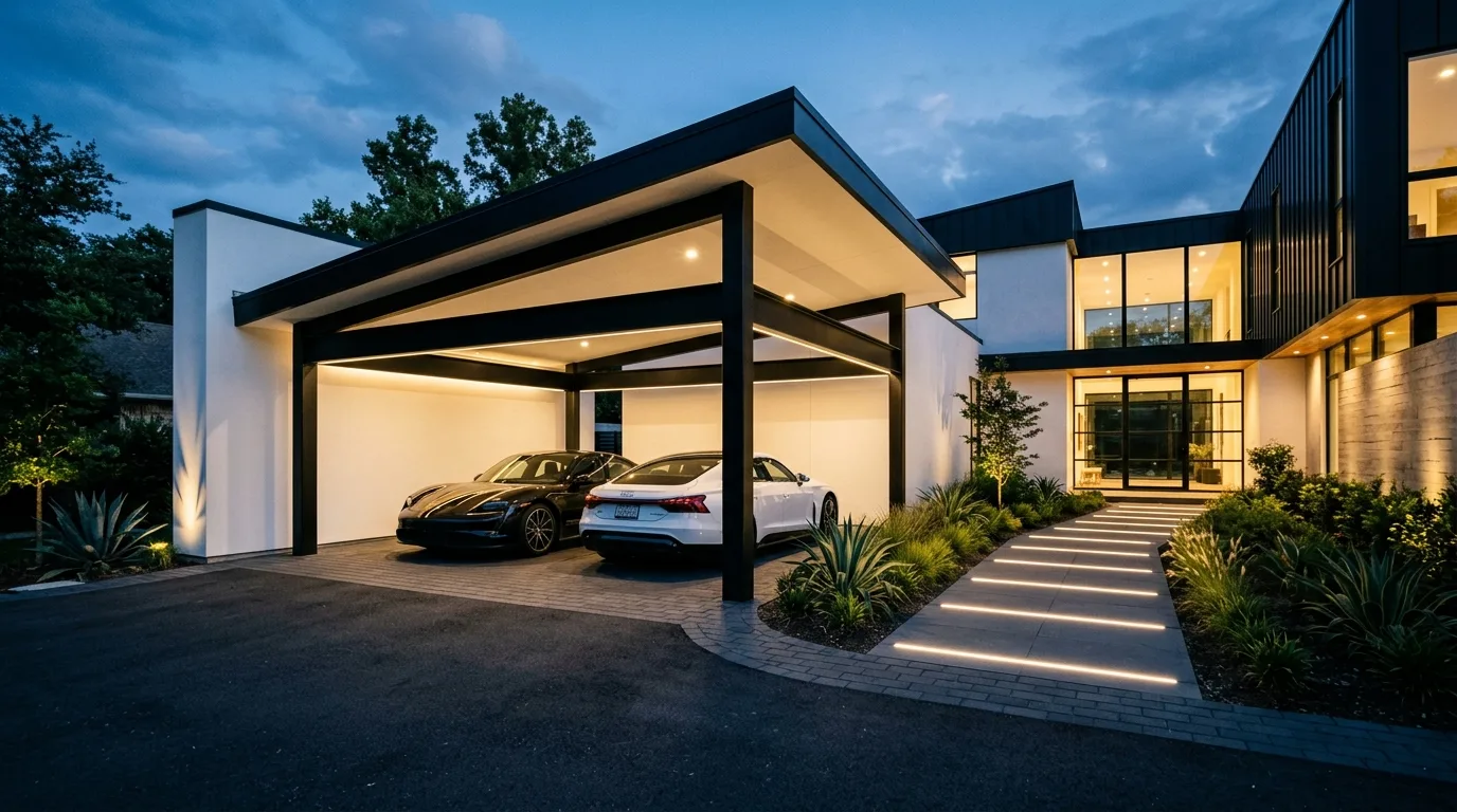 A low profile modern front carport with simple landscaping in daylight, no people