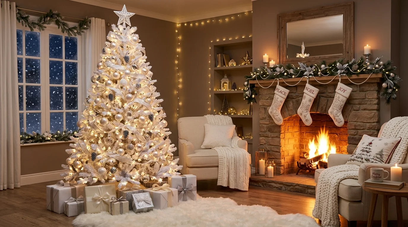An elegant white Christmas tree decorated with champagne ornaments, warm lights, and soft metallic holiday styling, no people