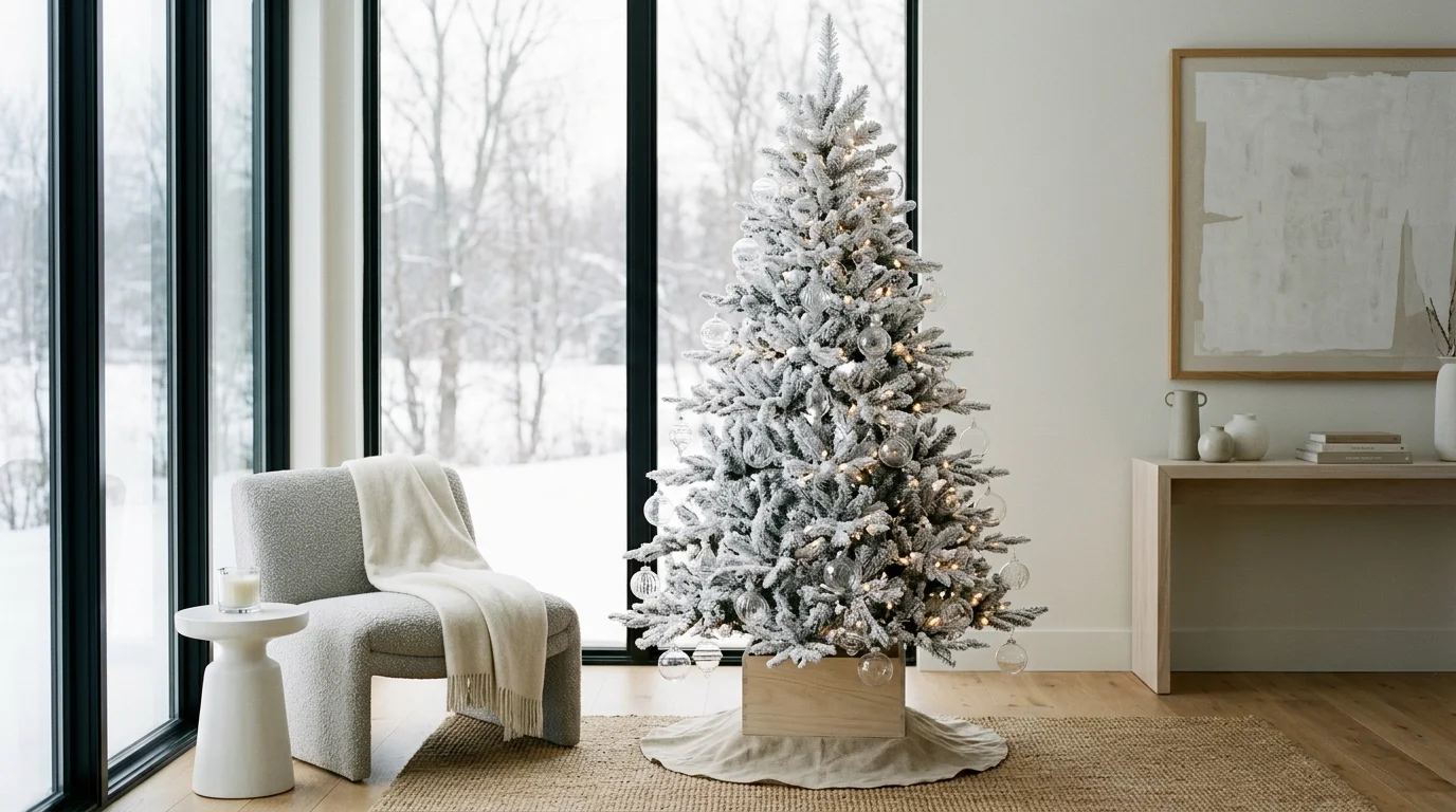 A white Christmas tree styled with woodland ornaments, owls, pinecones, and natural winter textures, no people