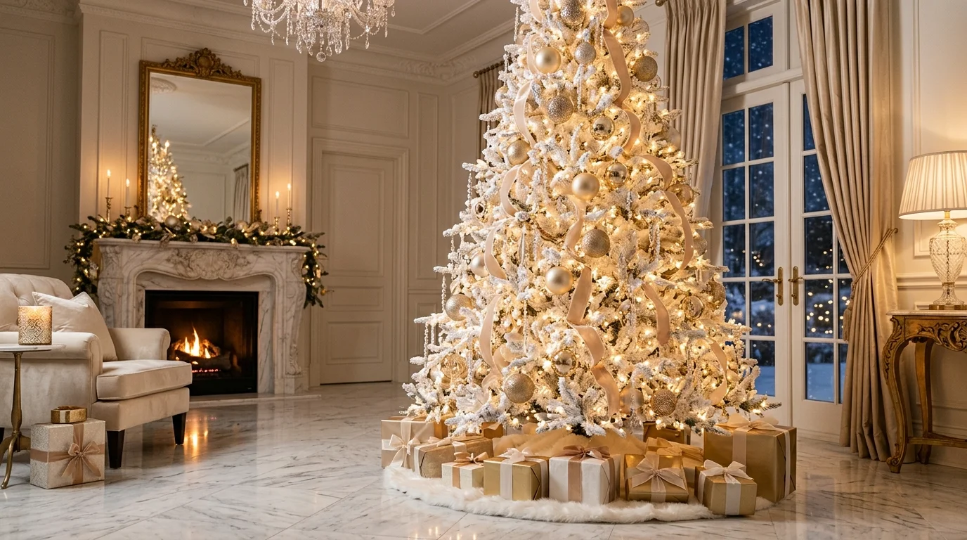 An elegant white Christmas tree wrapped in pearl ribbon with luminous ornaments and refined holiday styling, no people