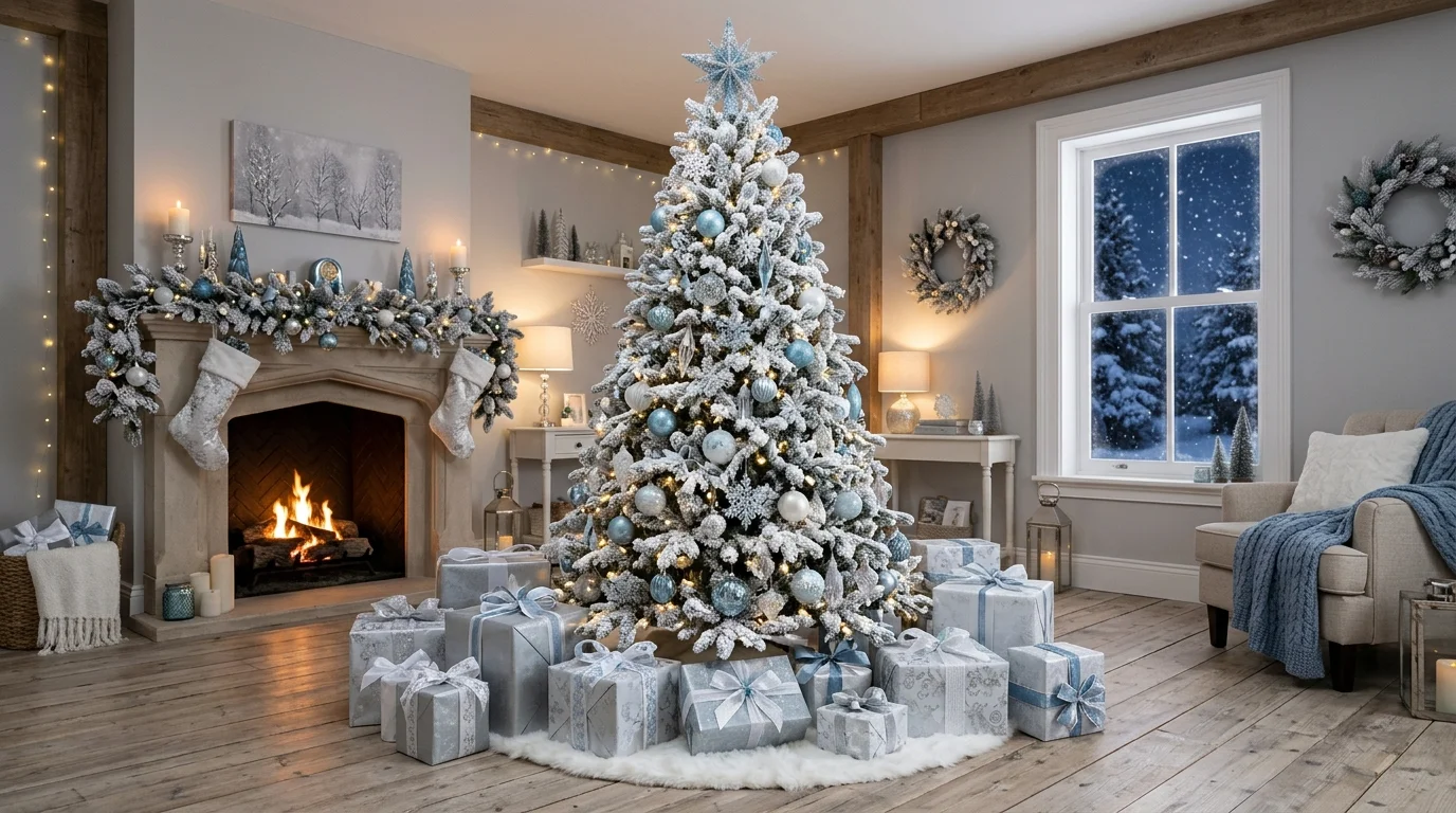 A glamorous white Christmas tree decorated with silver ornaments, crystal accents, and icy winter sparkle, no people