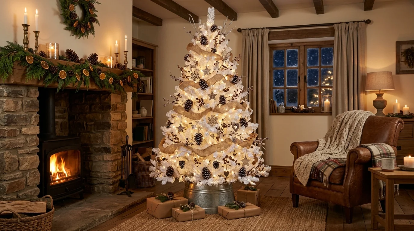A rustic white Christmas tree styled with whitewashed ornaments, soft ribbon, and cozy farmhouse winter accents, no people