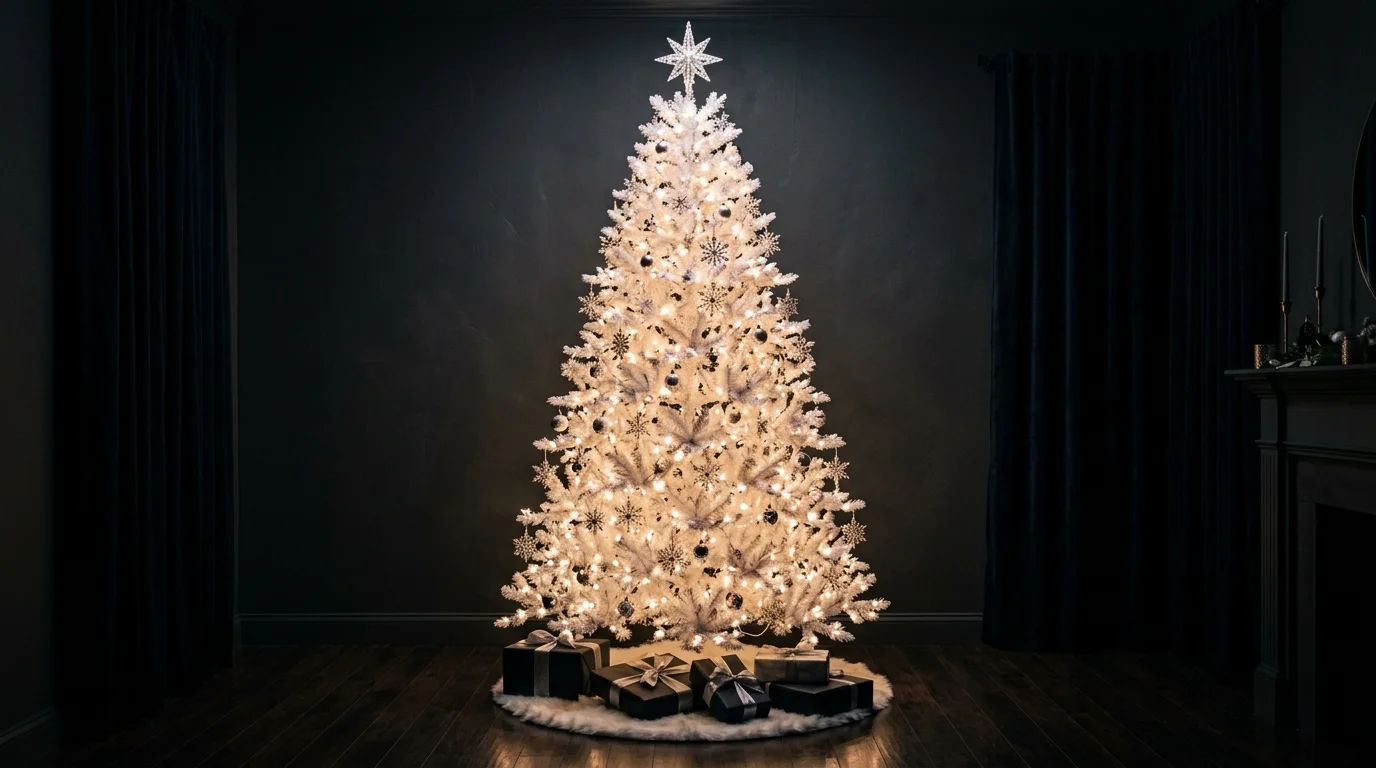 A Scandinavian-inspired white Christmas tree with paper ornaments, simple lights, and minimalist winter styling, no people