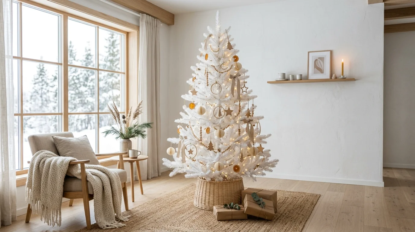 A white Christmas tree decorated with blush accents, warm lights, and elegant soft holiday details, no people