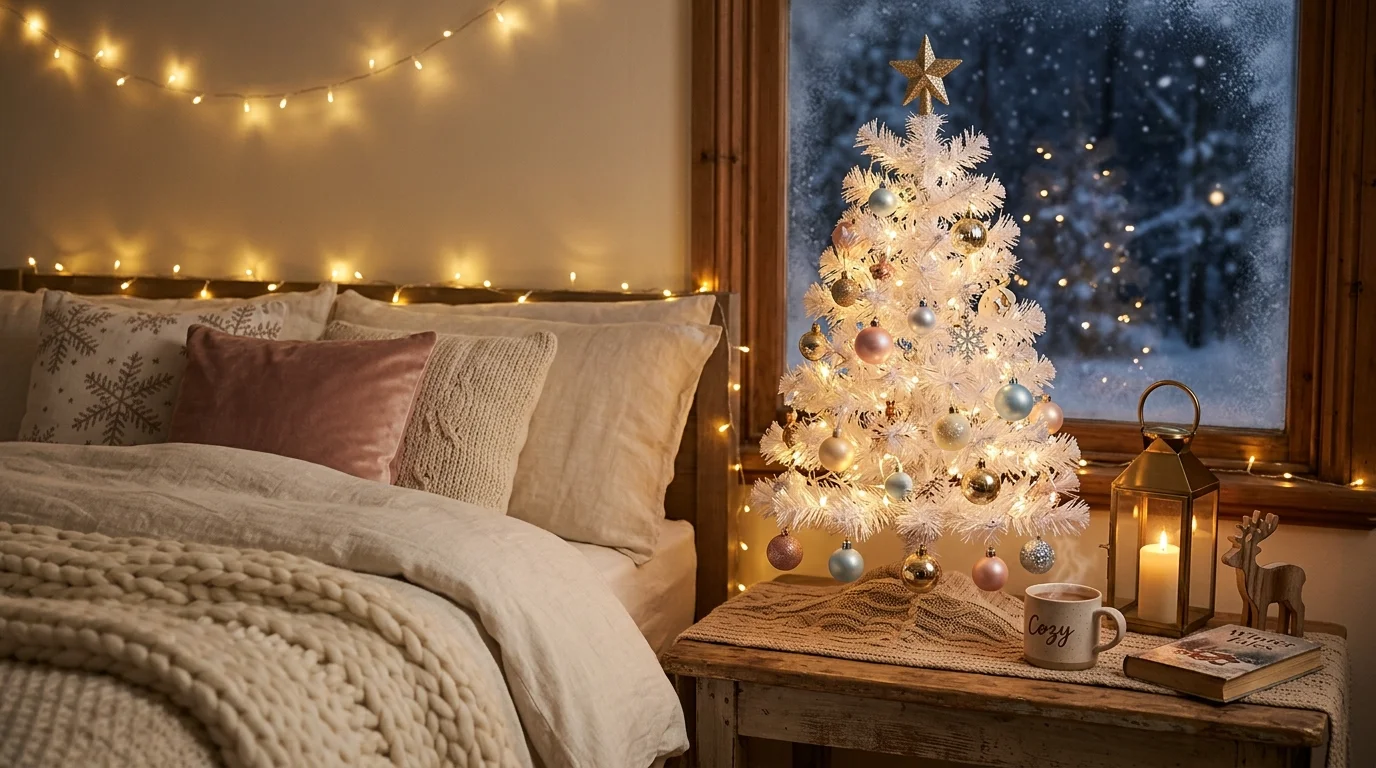 A white Christmas tree decorated with icy blue ornaments, crystal accents, and frosted winter styling, no people