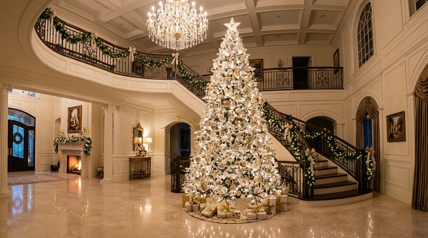 A minimal white Christmas tree with sparse elegant ornaments, warm lights, and a clean modern holiday silhouette, no people