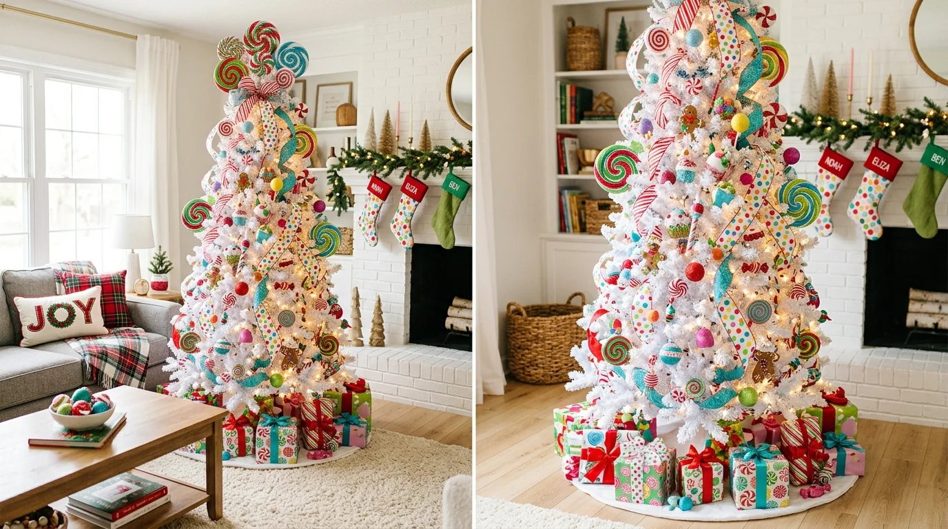 A white Christmas tree styled with lace ribbon, delicate ornaments, and soft vintage-inspired holiday details, no people