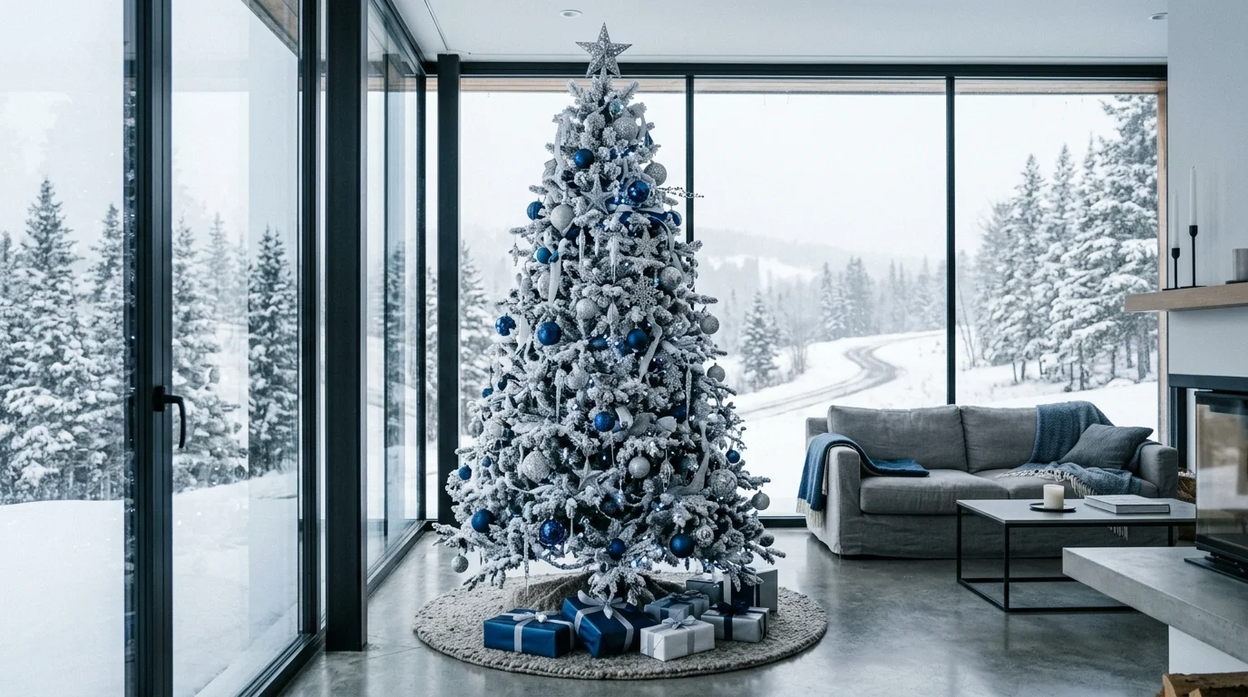 A bold white Christmas tree decorated with black-and-white ornaments and crisp modern holiday styling, no people