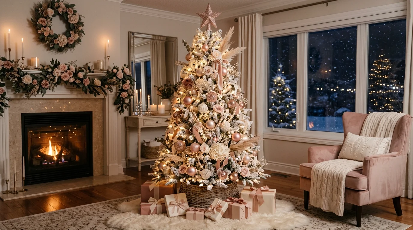A glowing white Christmas tree illuminated with warm lights and elegant candle-inspired holiday accents, no people