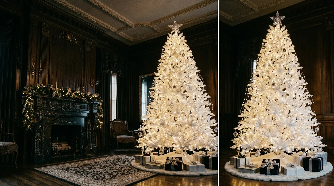 A white Christmas tree decorated with natural wood ornaments, soft lights, and understated winter charm, no people