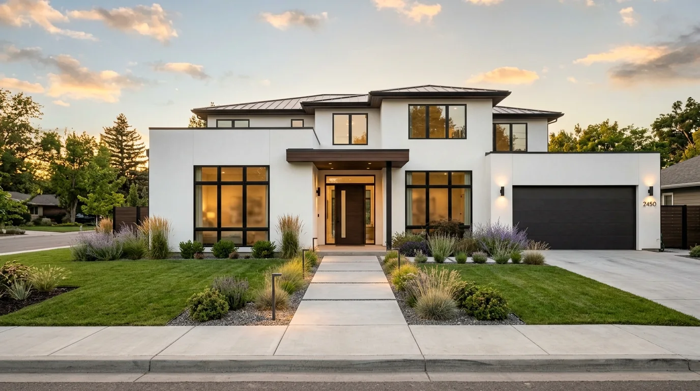 A modern front walk lined with structured greenery at a home exterior, no people