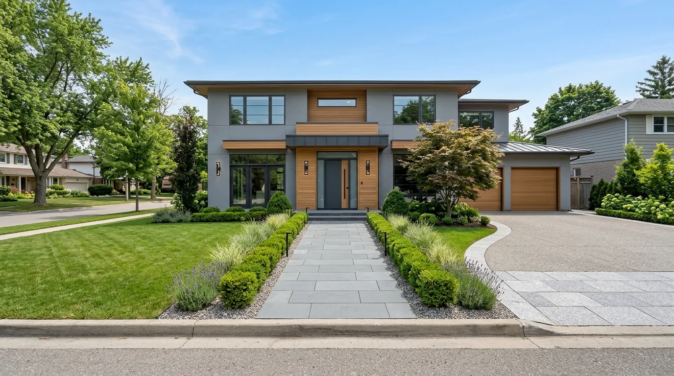 A modern home exterior with a monochrome facade and warm wood accents, no people