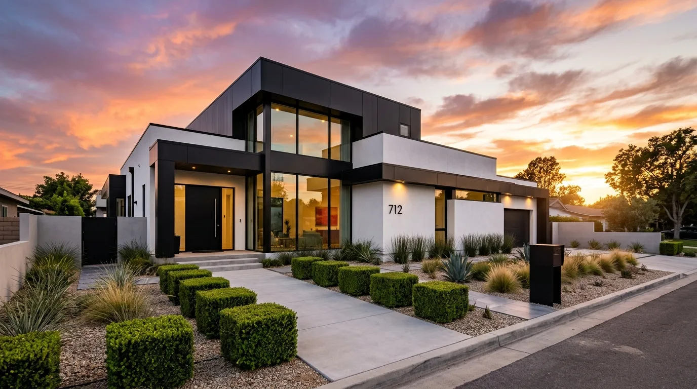 Large planters framing a modern front entry in bright daylight, no people