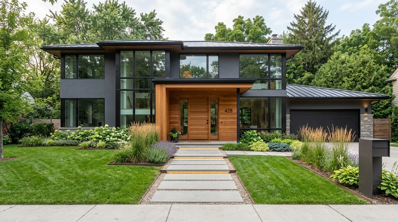 A modern home exterior with minimal porch lighting glowing at dusk, no people
