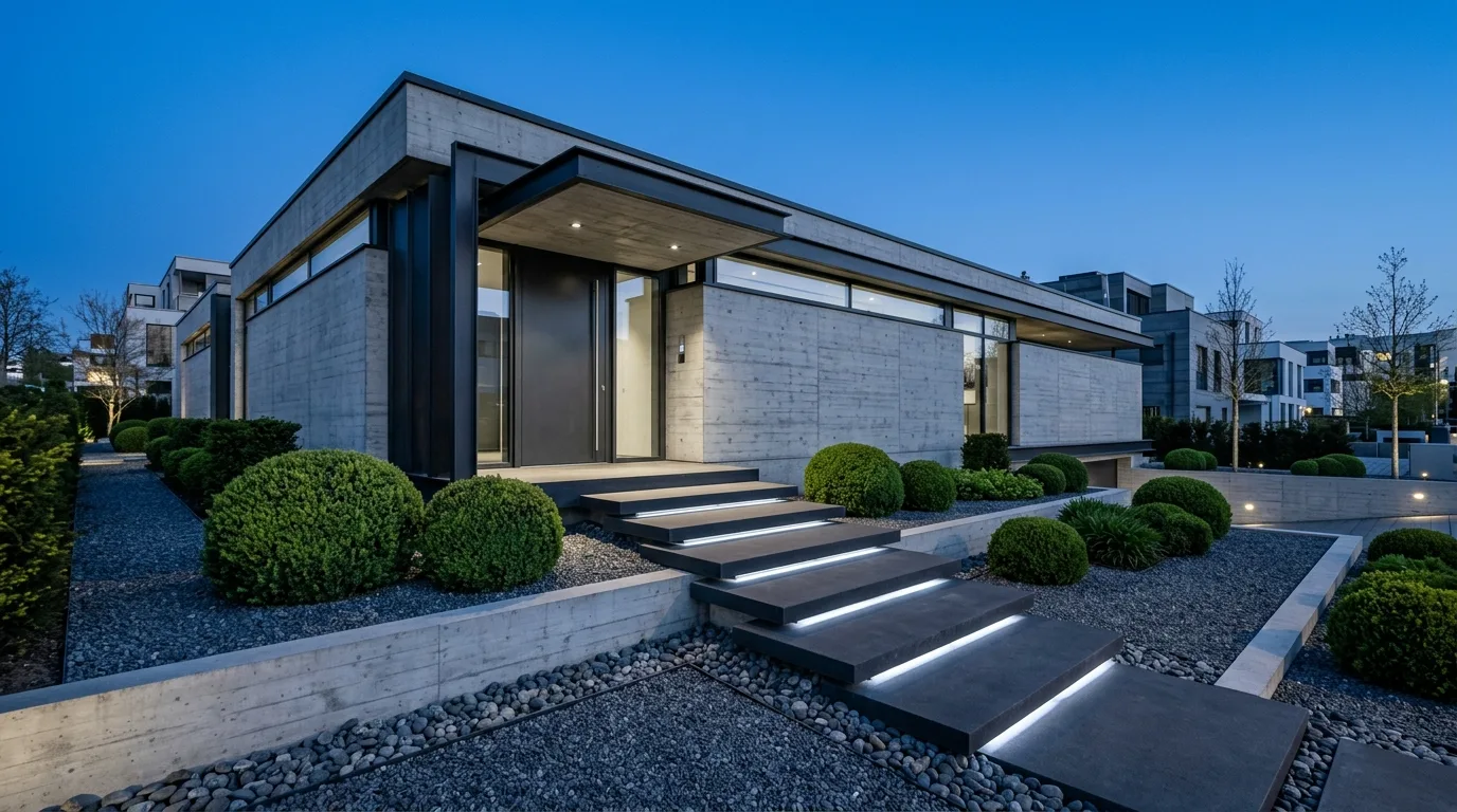 A modern exterior with a dark front door as the focal point, no people