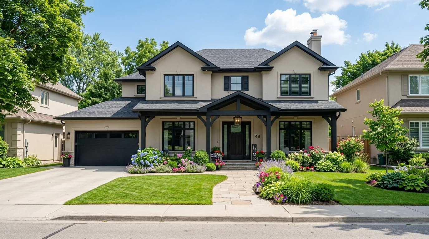 A modern home with low layered foundation planting in daylight, no people