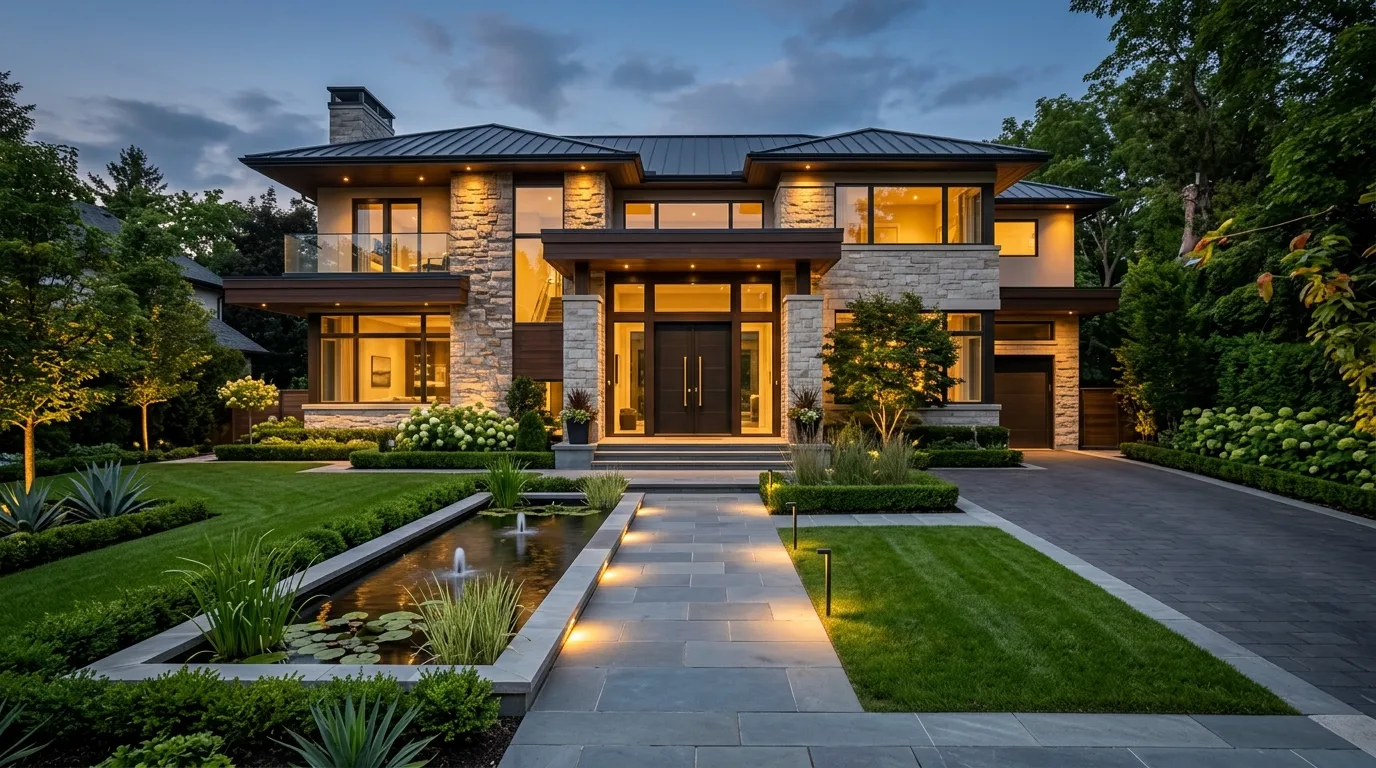 A modern curb appeal design with concrete and gravel landscape details, no people