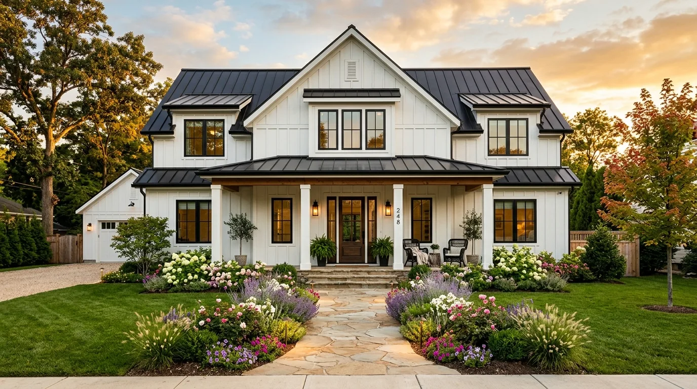 A refreshed modern garage door improving a home's curb appeal, no people