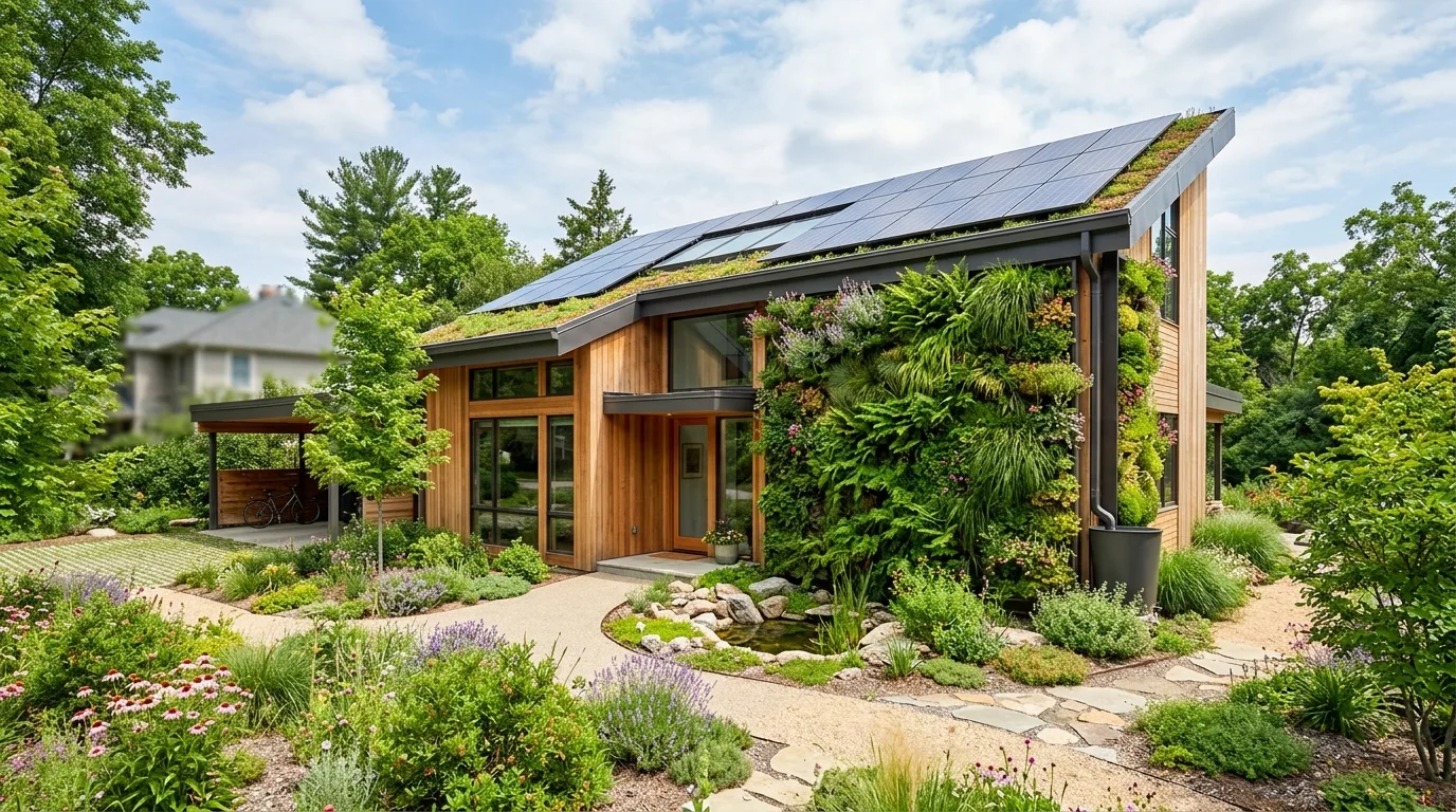 A balanced modern entry with symmetrical details and planters, no people
