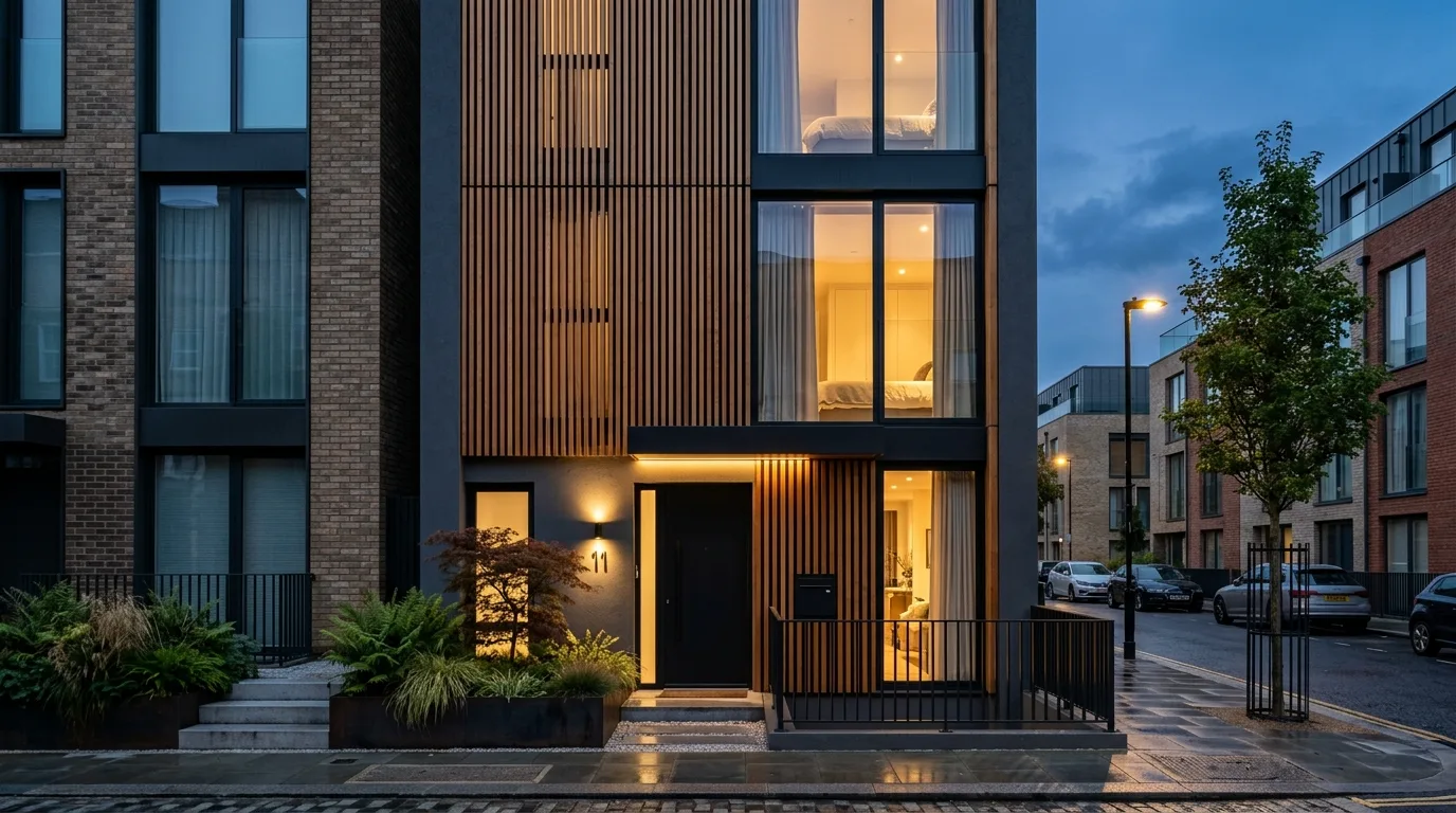 A dark modern home exterior softened by lush green landscaping, no people